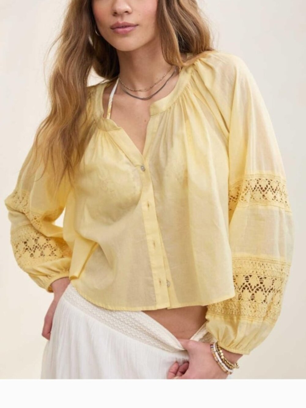 Aerie 100% Cotton Butter Yellow Crochet Button Down Shirt  Size M